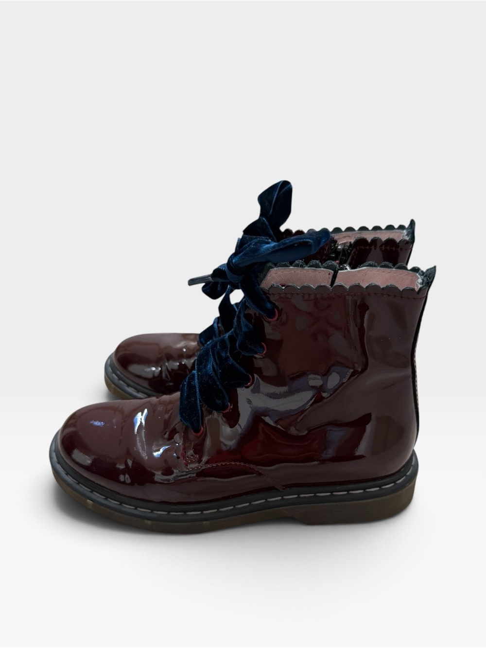 Kids Jacadi Patent Lace-Up Boots in Burgundy with Velvet Navy Laces